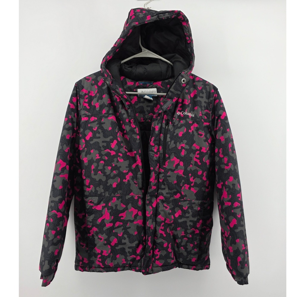 Columbia Pink Grey Camo Hooded Puffer Jacket Pockets Youth Kids Large 14/16